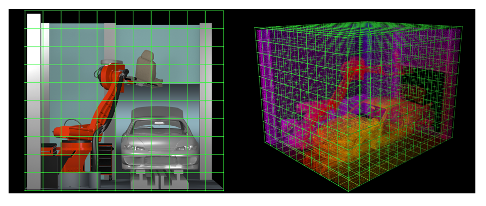 Front view of a scene on the left and voxel grid overlaid on the point cloud of the same scene on the right.